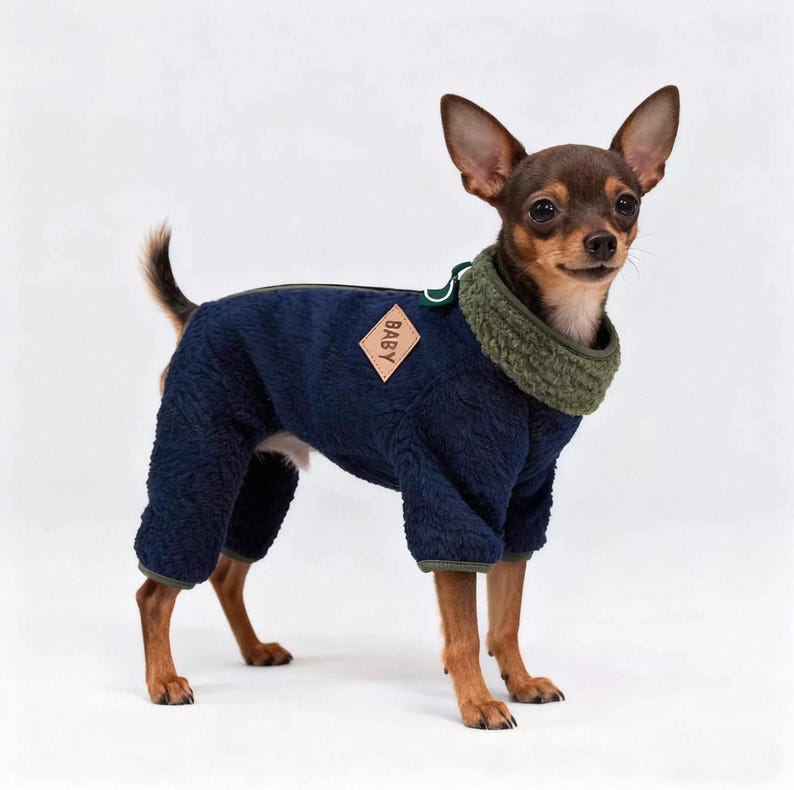 May include: A small dog wearing a navy blue fleece jumpsuit with a green collar. The jumpsuit has a zipper down the back and a small diamond-shaped patch that reads "BABY". The dog is brown and tan.