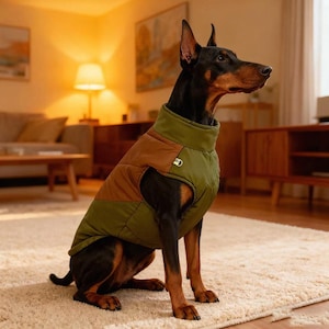 May include: A black and brown Doberman Pinscher dog wearing a green and brown quilted dog coat. The dog is sitting on a light-colored rug in a well-lit room. The coat has a high collar and a zipper closure.