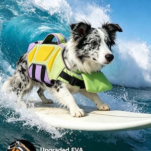 May include: A dog wearing a light green and purple life vest with a yellow panel on a surfboard in the ocean. The vest features a handle and black straps. Text on the image reads: Upgraded EVA Six-segment Buoyancy Compartment.