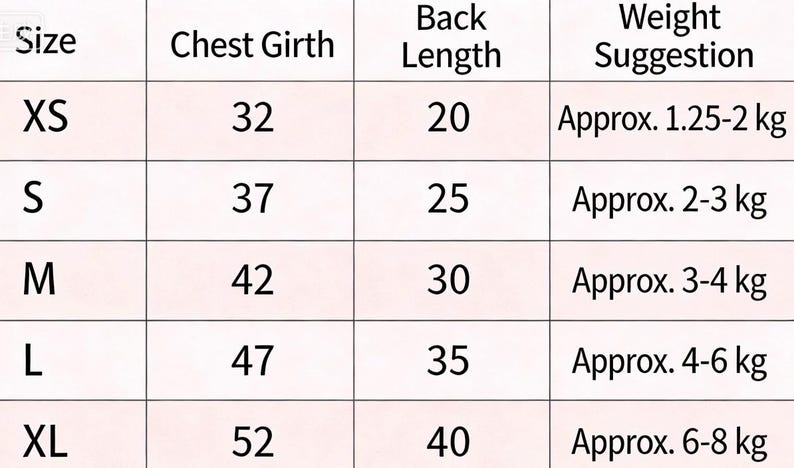 May include: A size chart for pet clothing, with measurements in inches and weight suggestions in kilograms. Sizes range from XS to XL, with chest girths from 32 to 52 inches and back lengths from 20 to 40 inches.