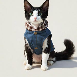 Könnte beinhalten: Eine schwarz-weiße Katze, die eine blaue Jeansweste mit goldfarbenen Knöpfen und einen braun-weiß karierten Schal trägt. Die Katze hat grüne Augen und sitzt aufrecht und schaut direkt in die Kamera.