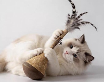 Cat Teaser Toy with Wobble Base, Interactive Cat Toy, Feather Sisal Wand, Self Play Kitten Toy