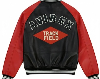 Chaqueta de cuero Avirex Track Field - Bomber roja y negra, hecha a mano