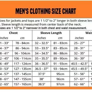 Puede incluir: Tabla de tallas de ropa de hombre con medidas de pecho, manga y cintura en pulgadas y cent&iacute;metros. Tallas de XS a 5XL. Incluye detalles para tallas altas y slim.