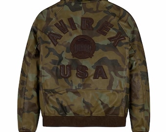 Chaqueta bomber de cuero con estampado de camuflaje Avirex USA / Abrigo estilo aviador vintage
