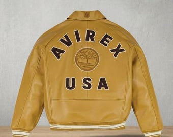 AVIREX USA Cowsoft Leather Bomber Jacket, 90s Retro Varsity Coat