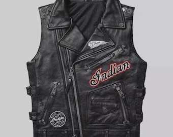 Indian Leather Biker Vest, Motorcycle Club Style Waistcoat, Zipper Pockets