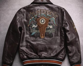Chaqueta bomber de cuero estilo Avirex / Chaqueta de aviador marrón oscuro con parche de búfalo