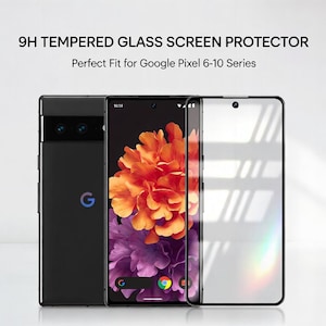 May include: A black Google Pixel phone with a floral wallpaper is displayed next to a screen protector. The phone has a triple-lens camera and the Google logo. The screen protector is clear. Text at the top reads "9H Tempered Glass Screen Protector."