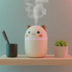 Könnte beinhalten: Ein cremefarbener, katzenförmiger Diffusor für ätherische Öle mit einem lächelnden Gesicht und Dampf, der aus der Oberseite austritt. Ein schwarzer Stift befindet sich in einem schwarzen Stifthalter, und eine kleine Topf-Sukkulente steht ebenfalls auf dem Regal.