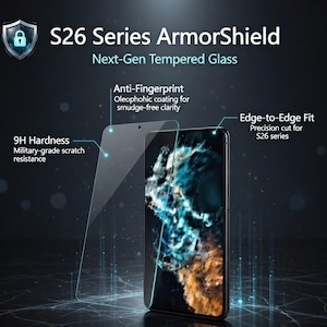 Pode incluir: Um smartphone com protetor de tela, rotulado como S26 Series ArmorShield. O protetor de tela de vidro temperado é mostrado com recursos, incluindo anti-impressão digital, dureza 9H e ajuste de ponta a ponta. O telefone exibe uma imagem colorida.