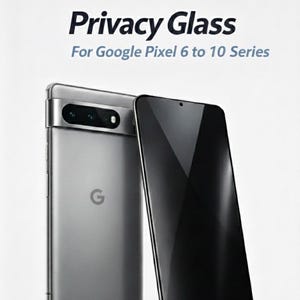 Puede incluir: Un teléfono Google Pixel plateado y una pantalla de privacidad negra se muestran sobre un fondo blanco. El texto "Privacy Glass" y "For Google Pixel 6 to 10 Series" están en la parte superior de la imagen.