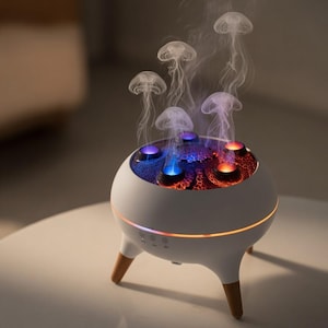 Peut inclure: Un diffuseur d'aromathérapie blanc au design unique, avec un corps rond et des pieds en bois. Le diffuseur émet de la vapeur qui ressemble à des méduses. Le dessus a des lumières bleues et rouges. Le diffuseur est sur une table blanche.