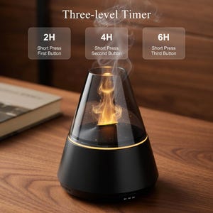 May include: A black essential oil diffuser with a flame-like light inside. The diffuser has a three-level timer, with options for 2, 4, and 6 hours. The text "Three-level Timer" is visible at the top of the image.