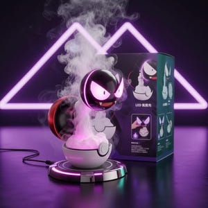 Puede incluir: Lámpara temática de personaje en negro y morado, con una cara brillante y emitiendo vapor púrpura. La lámpara está sobre una base circular con luz púrpura, junto a una caja de producto con ilustraciones y texto.