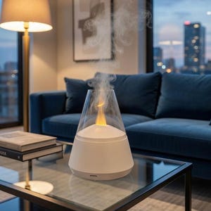 Peut inclure: Un diffuseur d'huiles essentielles blanc et transparent avec une lumière en forme de flamme, émettant de la vapeur. Le diffuseur est posé sur une table en verre dans un salon moderne, avec un canapé bleu et une vue sur la ville en arrière-plan.
