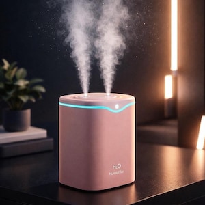 Puede incluir: Un humidificador rosa con una tira de luz azul y dos salidas de vapor. El texto "H2O Humidifier" está impreso en la parte delantera. El dispositivo emite dos chorros de vapor. El humidificador está sobre una superficie oscura.