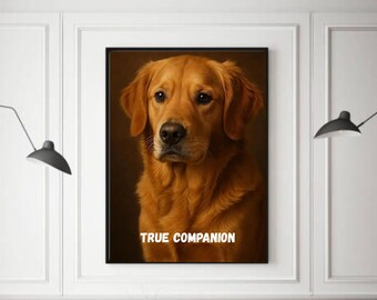 Könnte beinhalten: Gerahmtes Porträt eines Golden Retriever-Hundes mit warmem, braunem Fell. Der Hund blickt den Betrachter direkt an. Der Text "TRUE COMPANION" ist unten im Bild in Weiß gedruckt.