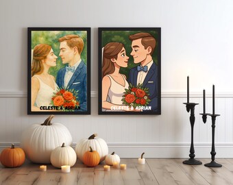 Custom Couple Portrait Wall Art | Personalized Wedding Illustration | Cartoon & Watercolor Style Couple Print