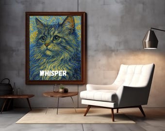 May include: A framed artwork featuring a cat portrait in a blue and yellow color palette. The word "WHISPER" is displayed in white text at the bottom of the image. The artwork is displayed in a room with a white chair, a small table, and a lamp.