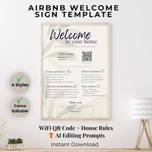 Plantilla Cartel Bienvenida Airbnb | Código QR WiFi + Normas de la Casa | Editable en Canva | Bonus IA