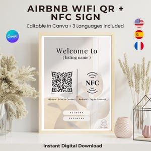 Plantilla Cartel WiFi Airbnb Editable | Código QR + NFC | Póster de Bienvenida | Descarga Digital