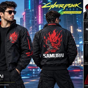 Bestickte Cyberpunk 2077 V Samurai Lederbomberjacke: Gaming-Cosplay-Oberbekleidung | Handgefertigt