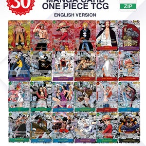 Peut inclure: Un ensemble de 30 cartes manga répliques One Piece TCG. Les cartes présentent des illustrations vibrantes de personnages de la série, avec les noms des personnages. Le set comprend le texte "English Version" et le logo "One Piece Card Game".