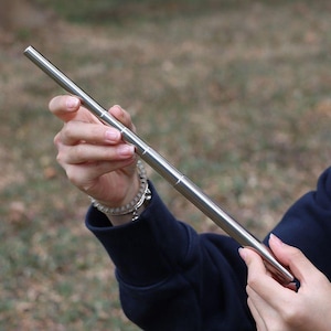 May include: A long, cylindrical, silver-colored metal straw featuring a telescopic design with multiple segments. The surface of the straw is smooth and reflective, showing clear joints where the sections connect to allow for length adjustment.