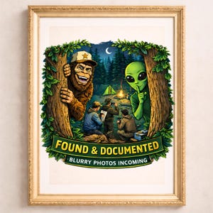 May include: Framed art print featuring a Bigfoot and an alien observing campers around a campfire. The artwork includes the text "FOUND & DOCUMENTED - BLURRY PHOTOS INCOMING" on a green banner. The background shows a forest scene with a tent and a crescent moon.