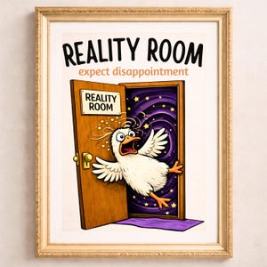 Może przedstawiać: Oprawiony wydruk artystyczny ze słowami "REALITY ROOM" nad "expect disappointment". Kreskówkowa kaczka wychodzi z drewnianych drzwi do wirującej fioletowej i gwieździstej przestrzeni. Wydruk jest w złotej ramie.