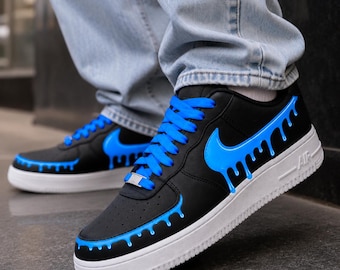 Custom Blue Drip Sneakers Hand Painted Black Shoes Personalized Streetwear Shoes Gift for Him Teen Boy Birthday Gift