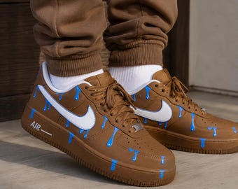 Custom Brown Blue Drip Hand Painted Sneakers Personalized AF1 Shoes Custom Drip Sneakers Birthday Gift for Him