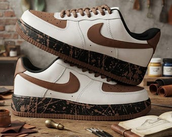 Handcrafted Brown & White Leather Sneaker, Coffee Splash Sole Shoes, Premium Low Top Casual Footwear, Streetwear Style, Handmade Unisex Gift