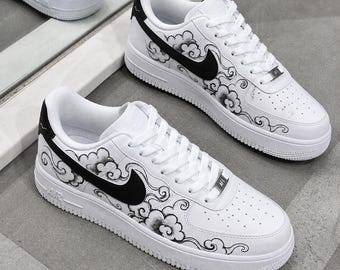Custom Hand Painted Sneakers, Black White Cloud Shoes, Personalized Birthday Gift for Him, Boyfriend Gift, Unique Men's Sneakers