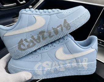 Custom AF1 Blizzard Blue Graffiti, Hand Painted Pastel Blue Sneakers, Personalized Splatter Streetwear Shoes, Gift for Sneakerhead