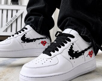Custom Pixel Art Sneakers 8-Bit Heart Design White Glitch Aesthetic Shoes Personalized Retro Gaming Footwear Men Women