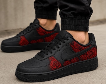 Custom Red Rose Sneakers Black Floral Hand Painted Shoes Romantic Gift for Her Anniversary Gift