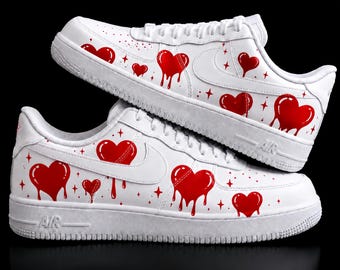 Custom Hand Painted White Sneakers with Red Drip Hearts, Designer Inspired Low Top Streetwear Shoes, Unique Gift for Men Women