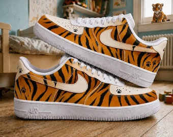 Custom Tiger Stripe Sneakers, Animal Print Streetwear Shoes, Paw Detail Casual Kicks, Unique Footwear Gift for Men & Women