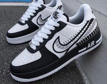 Custom Black & White Geometric AF1 Sneakers, Personalized Team Travel Shoes, Student Gift, Boyfriend Gift, Son Birthday Gift