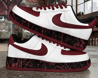 Burgundy White Leather Sneakers for Men and Women, Handmade Low Top Casual Shoes, Paint Splash Sole, Premium Streetwear Footwear, Gift