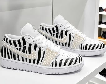 Custom Pearl Zebra Sneakers, Hand-Painted Zebra Print Shoes, Personalized Luxury AJ Inspired Footwear, Unique Fashion Custom Gift for Her