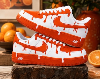 Hand Painted Orange Drip Sneakers, Custom White Orange Shoes, Personalized Streetwear Gift, Unisex Birthday Sneakers