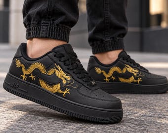 Custom Dragon Sneakers, Black Gold Hand Painted Shoes, Personalized Sneakers for Men, Boyfriend Birthday Gift, Unique Gift for Him