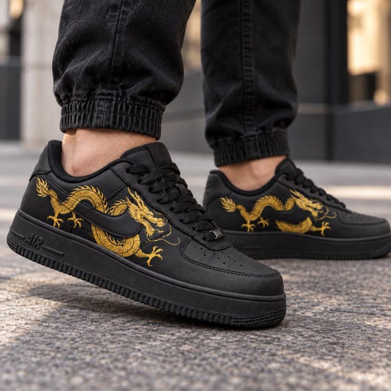 Custom Dragon Sneakers, Black Gold Hand Painted Shoes, Personalized Sneakers for Men, Boyfriend Birthday Gift, Unique Gift for Him