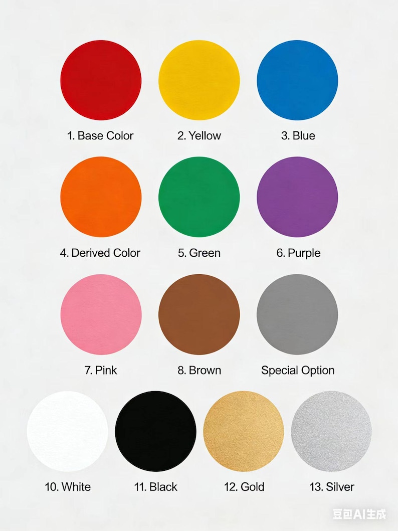 May include: A color chart featuring thirteen solid circles arranged in rows. The circles are labeled with text including Base Color, Yellow, Blue, Derived Color, Green, Purple, Pink, Brown, Special Option, White, Black, Gold, and Silver.