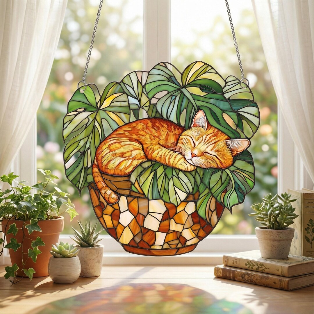 Orange Cat Monstera Suncatcher: Fade Resistant Acrylic Window Hanging ...