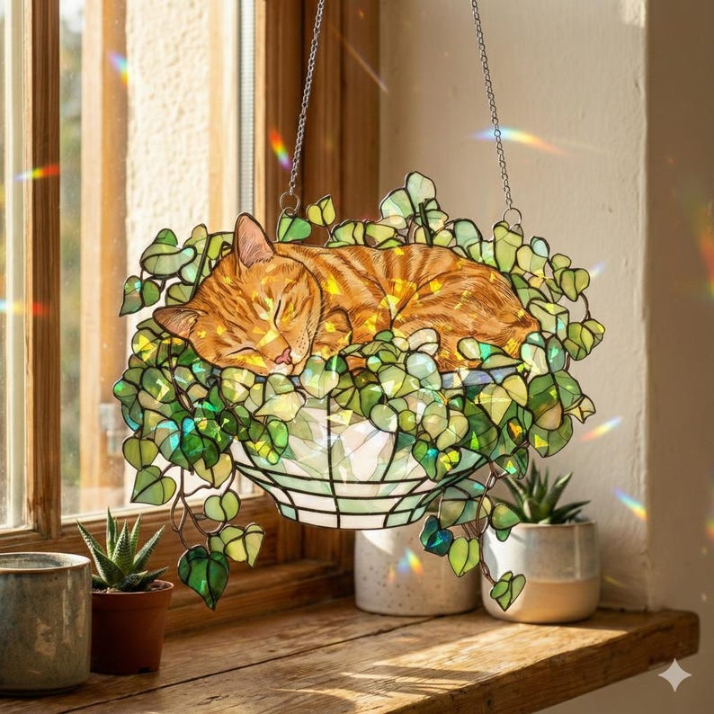 Orange Cat Monstera Suncatcher: Fade Resistant Acrylic Window Hanging ...