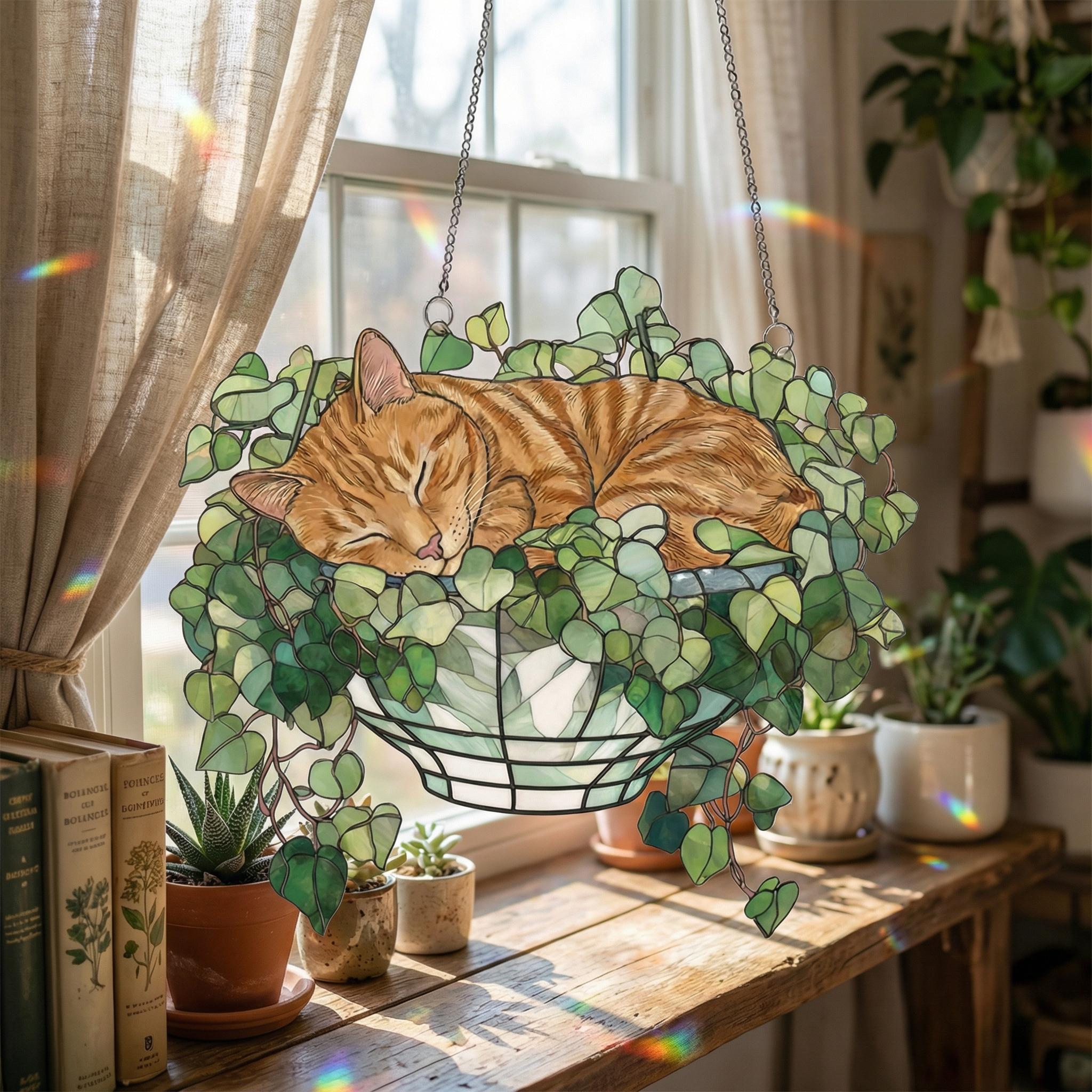 Orange Cat Monstera Suncatcher: Fade Resistant Acrylic Window Hanging ...